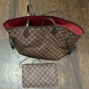 Louis Vuitton Brown Checkered Tote with Red Interior